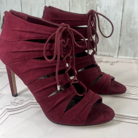 BCBGeneration Laced Up Tie Open Toe Burgundy Faux Suede Stiletto Bootie Boots 8 - Picture 4 of 16